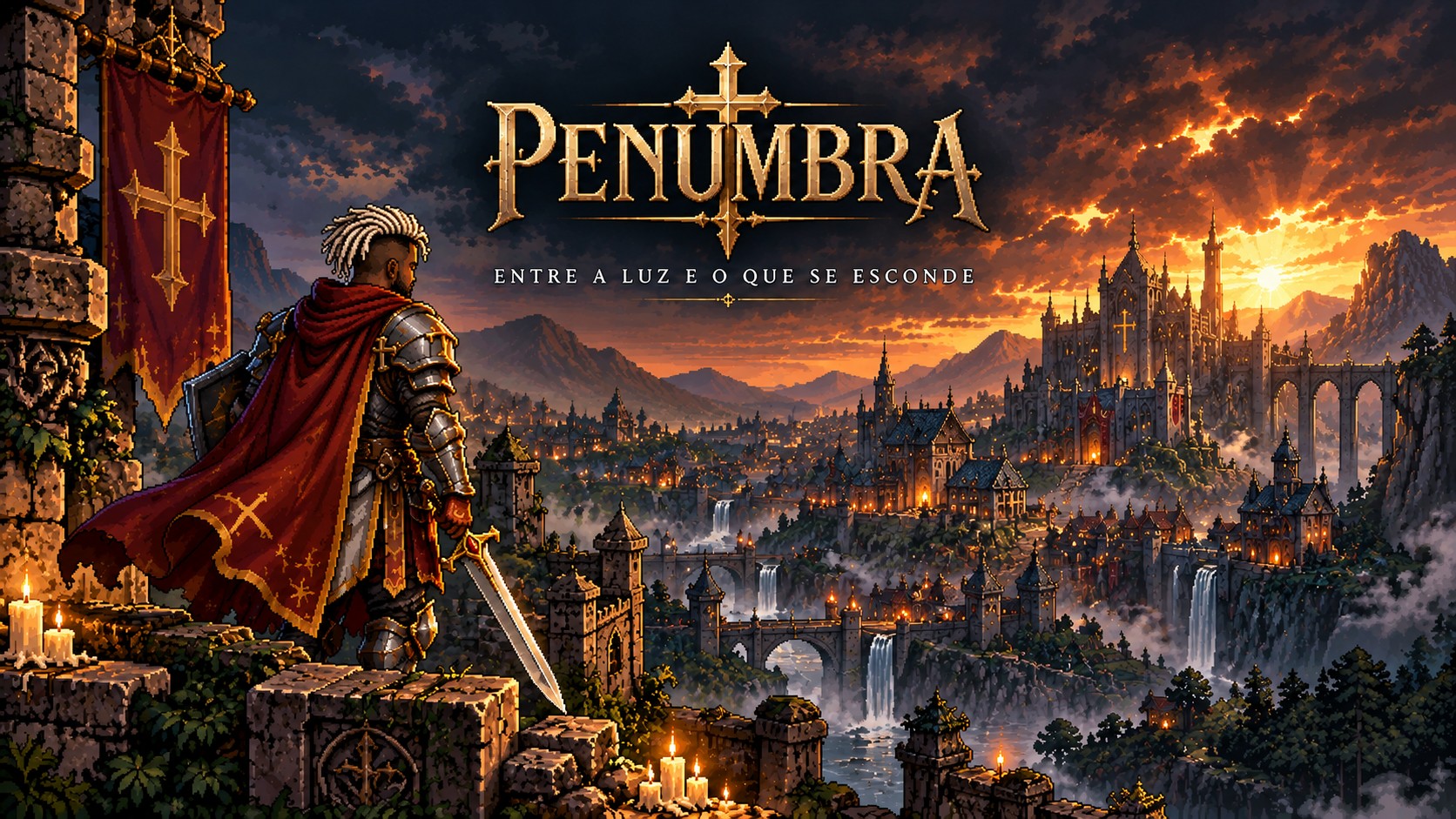 Um paladino de capa vermelha observa, do alto de uma muralha iluminada por velas, uma cidade medieval ao entardecer. Acima, o título Penumbra e a frase 'Entre a luz e o que se esconde'.