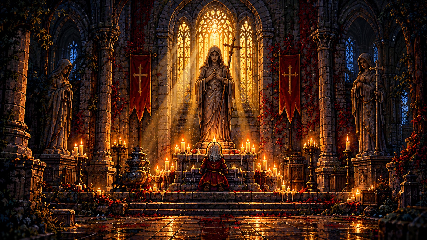 Ilustração conceitual: um personagem ajoelhado diante de uma estátua sob luz dourada, com painéis de interface ilustrativos.